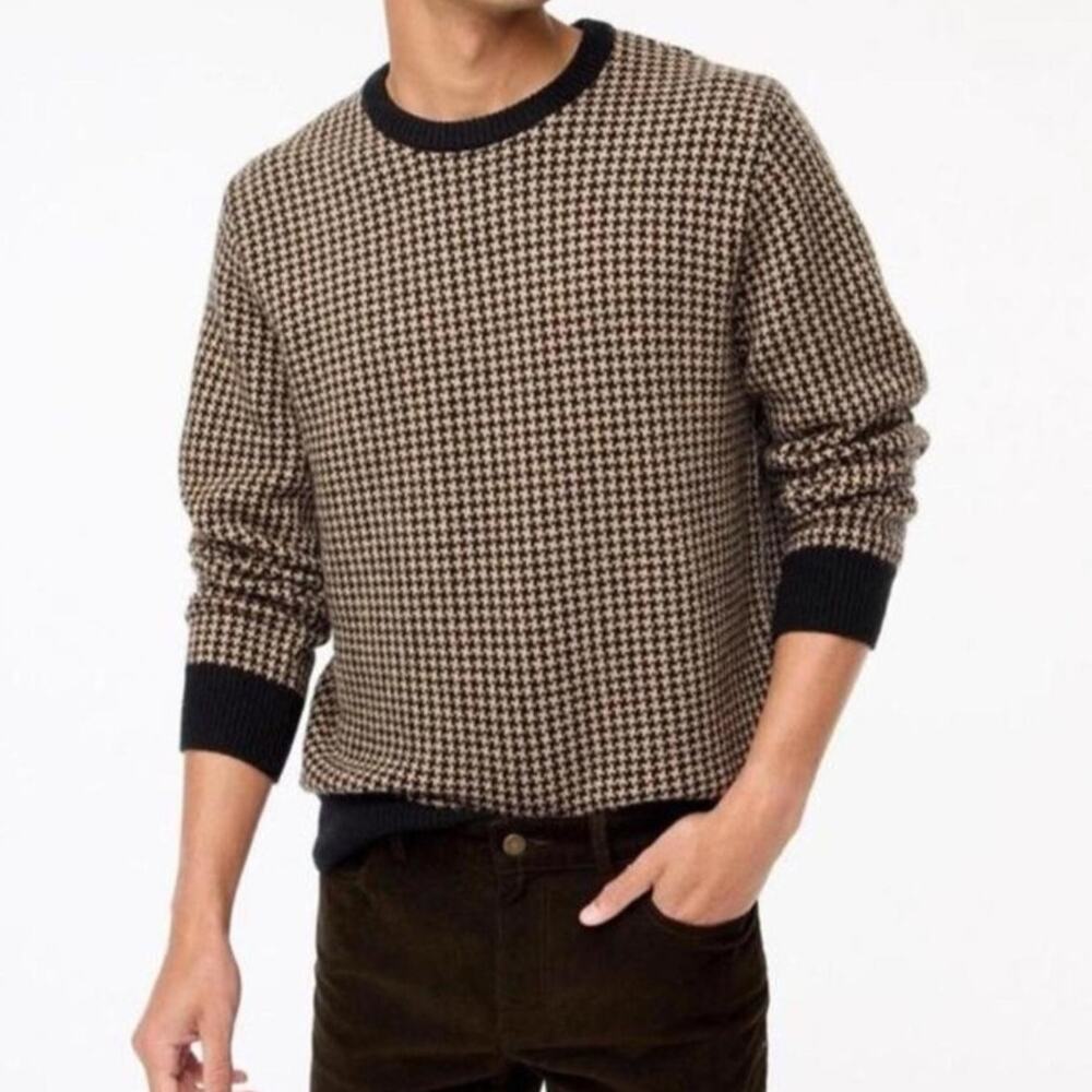 J Crew Men's Crewneck Heritage Sweater Houndstooth Lamb Wool Tan Blue Soft XL